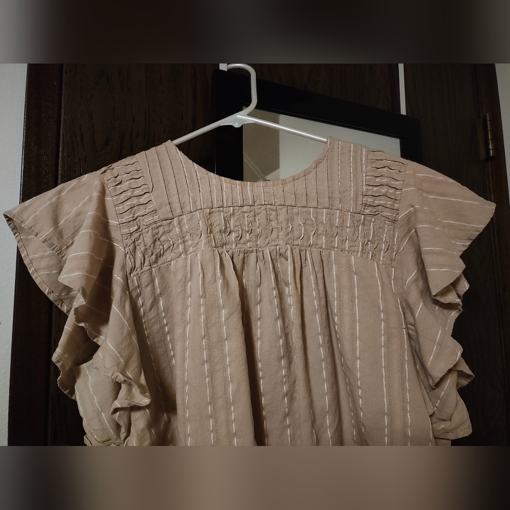 Style & Co Stripe Flutter-Sleeve Top in Peachy Pink - Picture 2 of 5